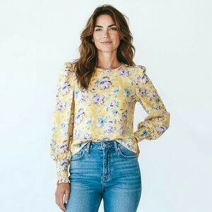 Anthropologie Pleoine High Shoulder Watercolor Floral Blouse